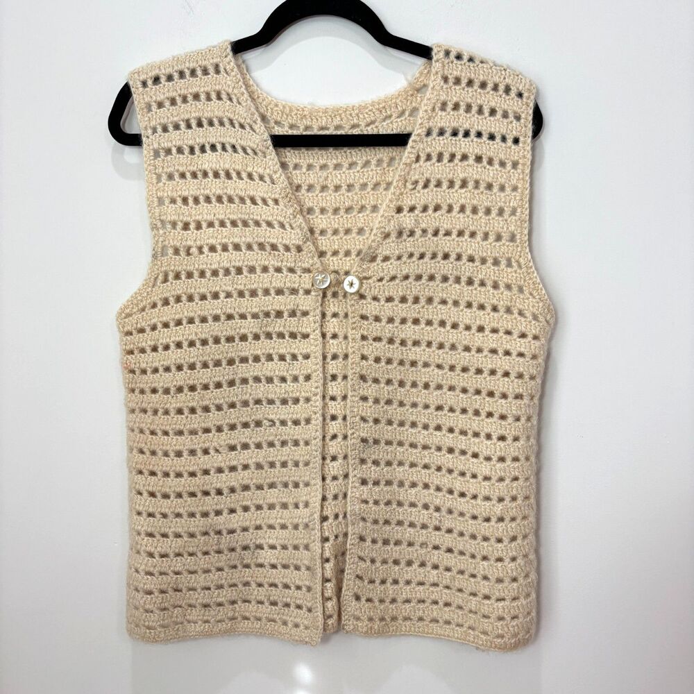 VTG Crochet Beige Tan Sweater Vest Open Weave Women M Festival Boho Y2K Granny